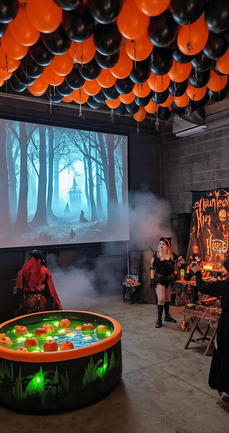 Halloween Party Games: Spooktacular Fun for All Ages A transformed garage for Halloween game night, featuring a giant projection screen of a spooky forest, game stations including apple-bobbing with LED fireflies, a DIY photo booth with a haunted house backdrop, black and orange balloon canopy with rubber bats, low fog, and guests in costumes amidst dynamic blue and orange lighting.