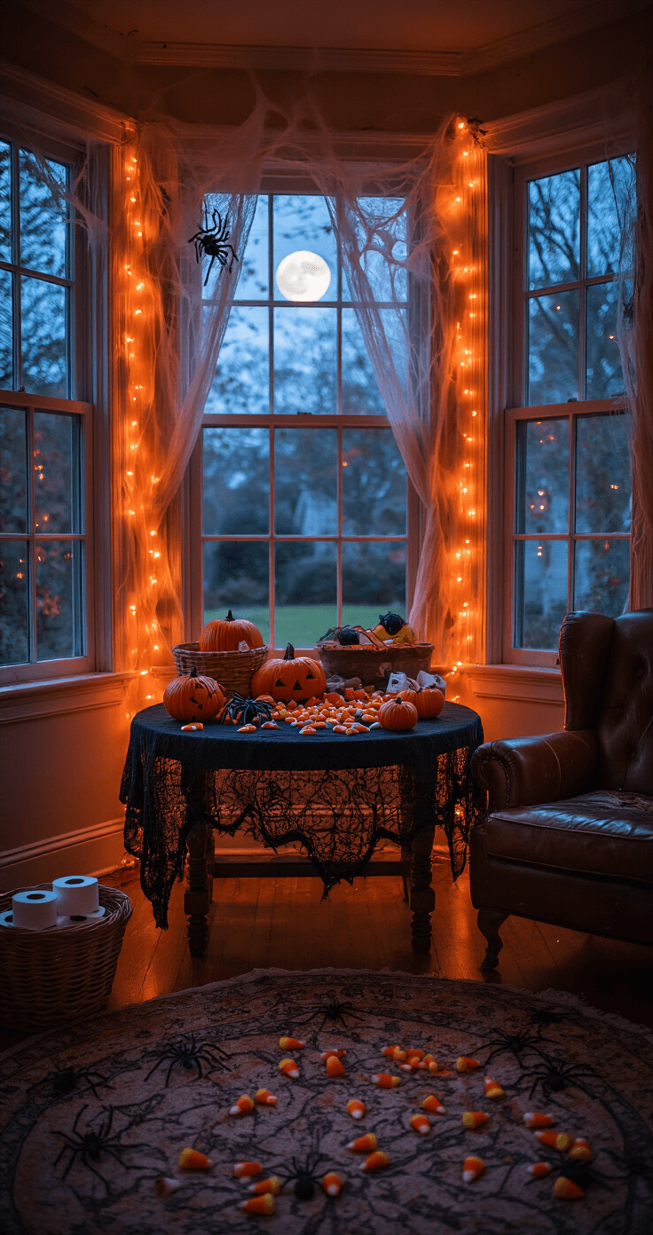 Spooktacular Kids' Halloween Party Games: Tricks, Treats, and Tons of Fun! A dimly lit living room decorated for a kid's Halloween party, featuring orange string lights, cobwebs, a bay window with moonlit views, a table with a black lace tablecloth and scavenger hunt items, and a leather armchair with a basket of toilet paper rolls, all captured from a child's eye level.