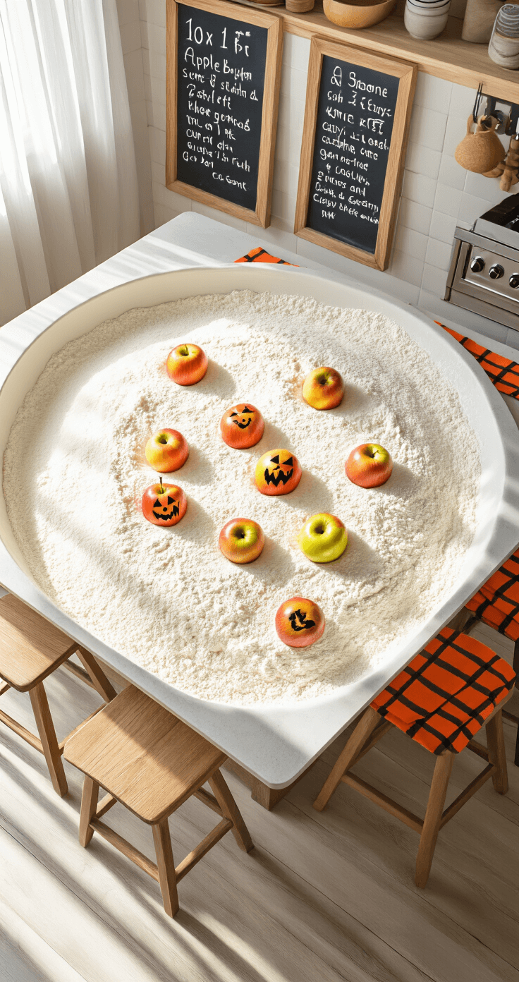 Spooktacular Kids' Halloween Party Games: Tricks, Treats, and Tons of Fun! A midday kitchen scene with sunlight filtering through sheer curtains, featuring a central island filled with white flour for 'Apple Bobbing with a Twist', where apples with hand-drawn scary faces float. Surrounding rustic wooden stools and orange and black striped towels add to the festive atmosphere, while a chalkboard lists game rules in elegant, spidery handwriting. The camera angle captures the ghostly texture of the flour and the whimsical expressions on the apples, illuminated by bright, high-contrast lighting against the warm kitchen tones.