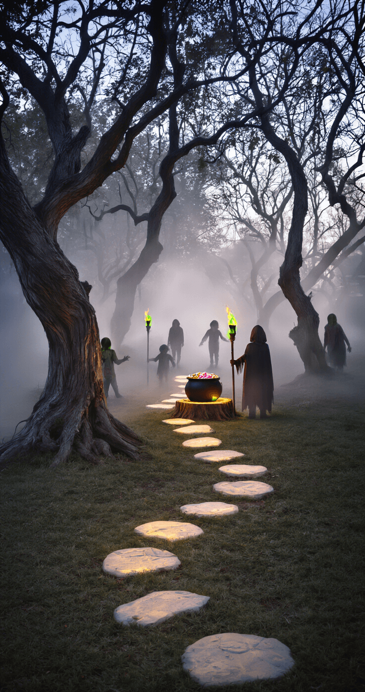 Spooktacular Kids' Halloween Party Games: Tricks, Treats, and Tons of Fun! A twilight backyard scene set for 'Zombie Footsteps', featuring a winding path of glowing stepping stones leading to a candy-filled cauldron on a tree stump. Twisted trees create obstacles, and a fog machine emits low-lying mist. Tiki torches with green flames line the path. A child dressed as a guardian stands with their back to the camera near the cauldron, while other children in zombie costumes lurk in the shadows. The image is taken from ground level, looking up the path towards the cauldron, emphasizing silhouettes and dramatic shadows.