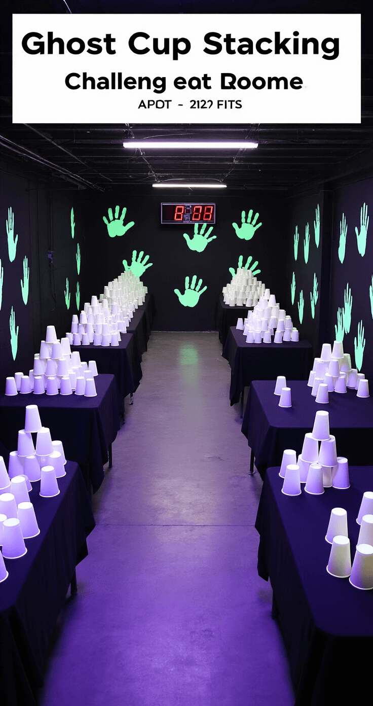 Spooktacular Kids' Halloween Party Games: Tricks, Treats, and Tons of Fun! A converted 12x12 ft garage game room for the 'Ghost Cup Stacking Challenge', featuring matte black walls with glow-in-the-dark handprints, long tables covered in black tablecloths with glowing white cup pyramids, and a large digital timer, all illuminated by blacklight fixtures for a surreal atmosphere.