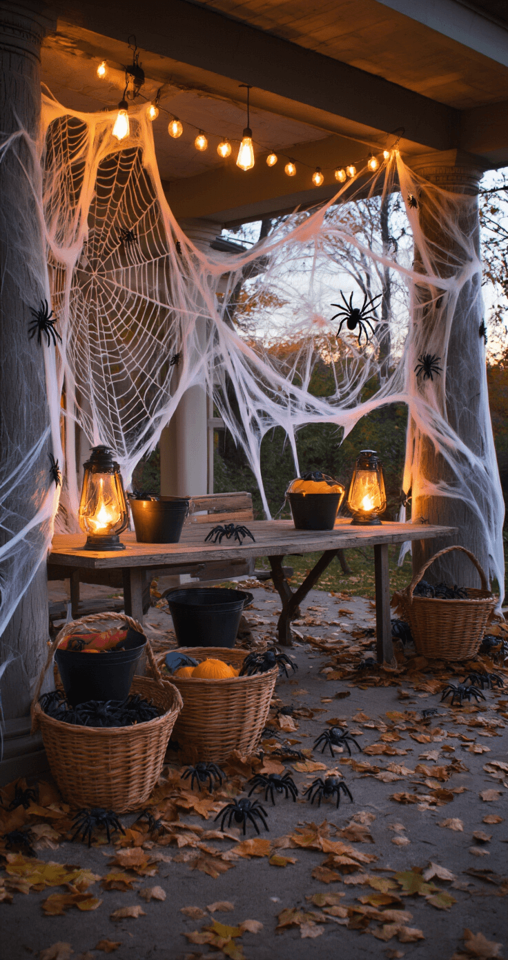 Spooktacular Kids' Halloween Party Games: Tricks, Treats, and Tons of Fun! A covered patio at dusk, set up for 'Tarantula Toss' with giant foam spiderwebs as targets, cauldron-painted buckets, and a rustic table filled with plastic tarantulas. Lanterns cast ambient light, while autumn leaves scatter the ground. A child's hand grips a spider, ready to toss, with soft backlighting creating a halo effect around the webs.