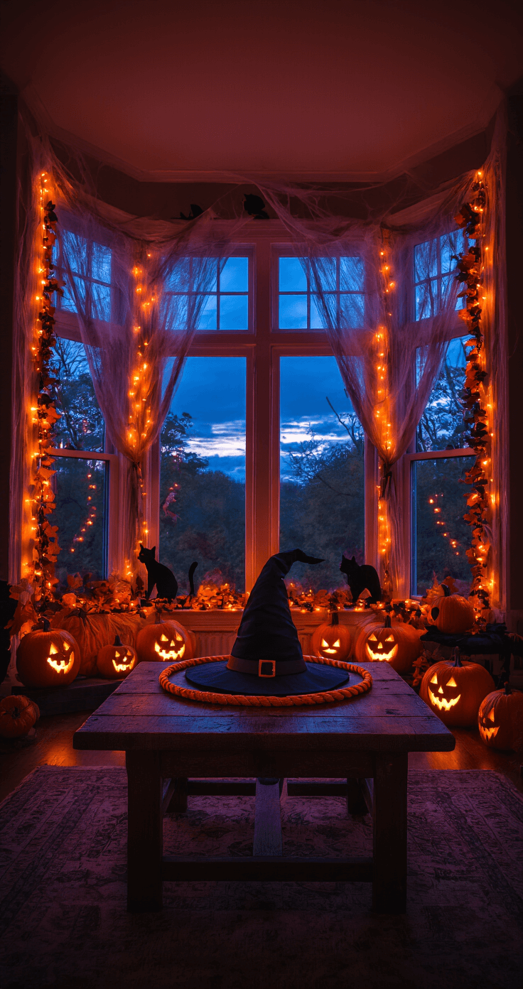 Spooktacular Halloween Party Games for Kids: Tricks and Treats for All Ages A dimly lit Halloween-themed living room featuring orange fairy lights, cobwebs on the walls, a bay window with a dusky sky, a witch's hat ring toss game on a rustic table, jack-o'-lanterns, black cat silhouettes, and autumnal garlands, all in deep purples, oranges, and black accents, captured from an elevated angle. Halloween Party Games for Kids