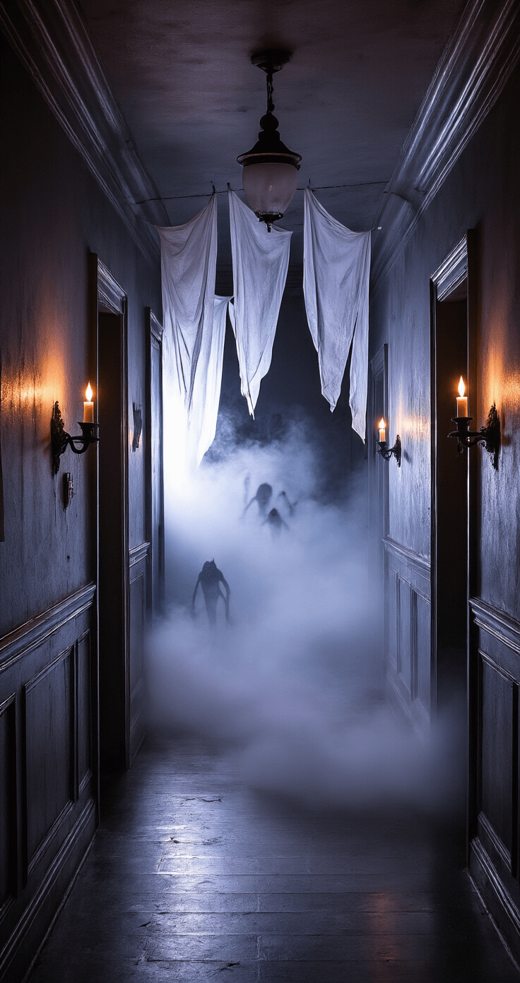 Spooktacular Halloween Party Games for Kids: Tricks and Treats for All Ages A twilight hallway transformed into a haunted passage, featuring flickering battery-operated candles in sconces, sheer fabric 'ghosts' hanging from the ceiling, and low-lying mist from a fog machine. Dark corners contain shadowy monster cutouts, with a color palette of deep grays, muted purples, and silvery accents. The low camera angle emphasizes dramatic light and shadow, enhancing the spooky atmosphere.