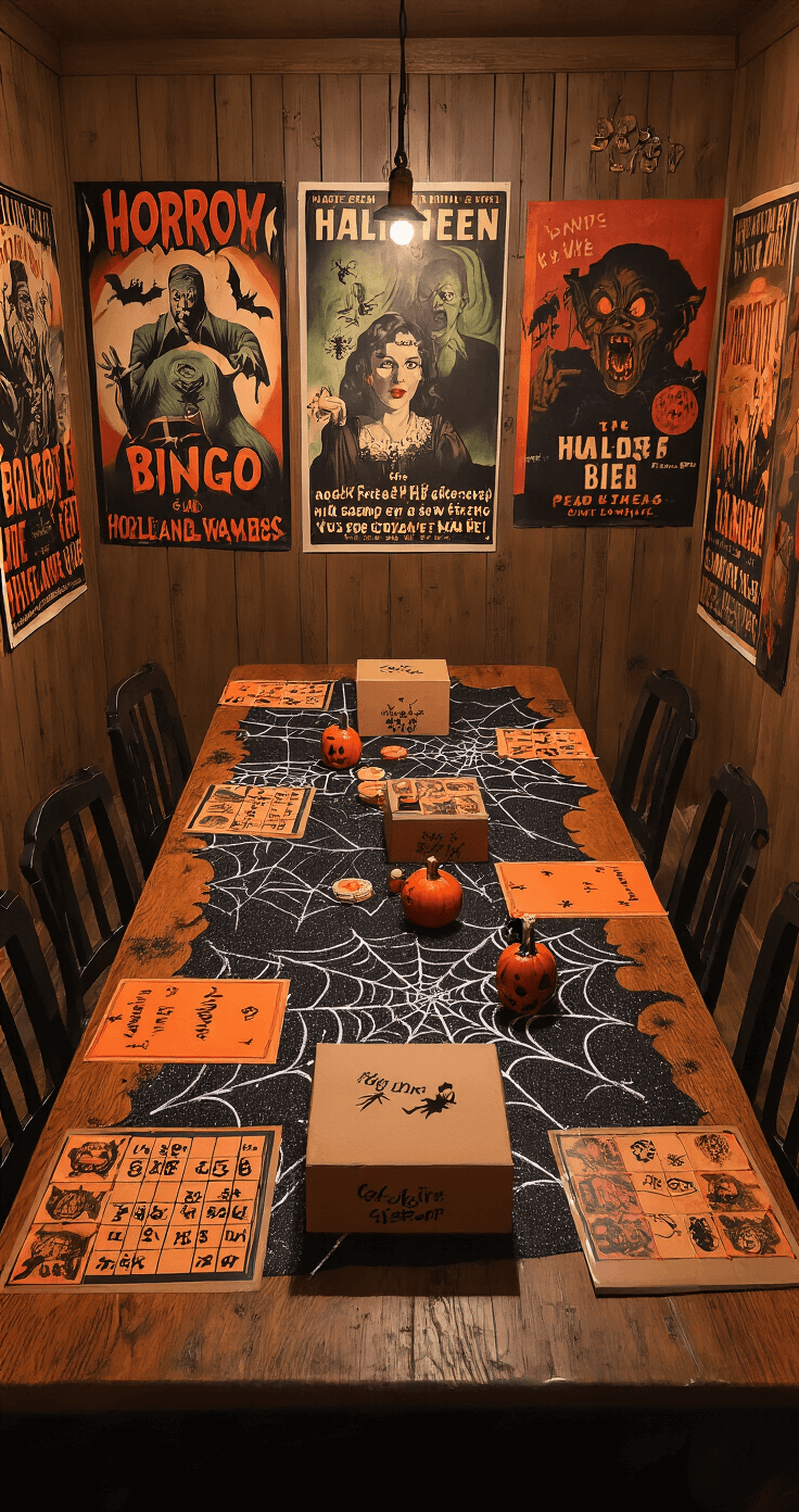 Spooktacular Halloween Party Games for Kids: Tricks and Treats for All Ages A cozy den featuring a large wooden table covered with a black tablecloth adorned with glittery spider webs, surrounded by Halloween-themed games, including mystery boxes and bingo cards. The walls are decorated with vintage horror movie posters, all illuminated by warm, focused lighting, creating a rich color palette of oranges, deep reds, and metallic golds. The camera captures the scene from above, showcasing the full layout of the tabletop setup.
