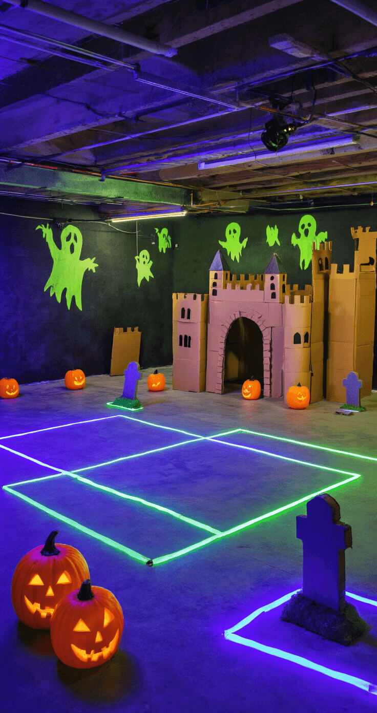 Spooktacular Halloween Party Games for Kids: Tricks and Treats for All Ages A spacious 20x20 ft basement rec room decorated for Halloween games, featuring glow-in-the-dark tape on the concrete floor, a DIY cardboard castle, plastic pumpkins, and foam tombstones. The scene is illuminated by black lights and spotlights, highlighting neon greens, electric blues, and ghostly whites, captured from a wide-angle view on a raised platform.