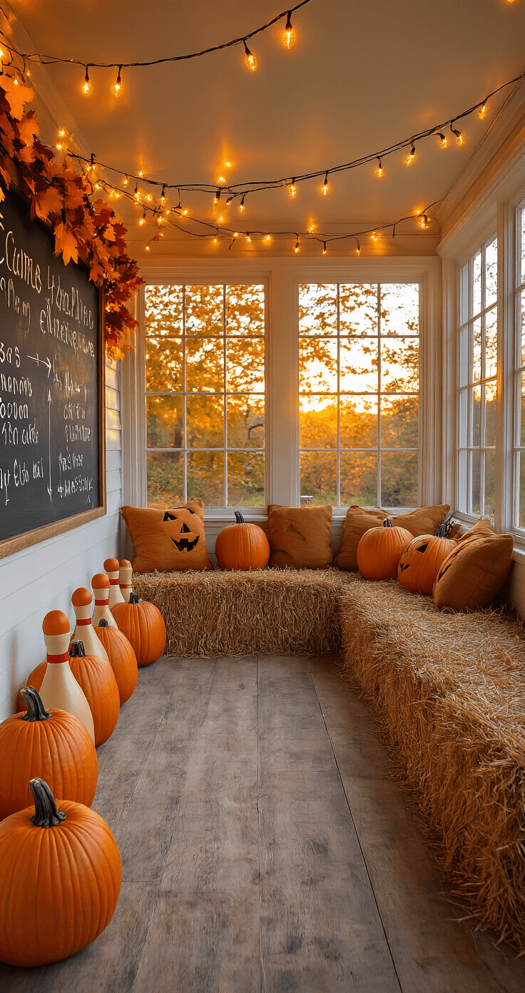 Spooktacular Halloween Party Games for Kids: Tricks and Treats for All Ages A cozy sunroom decorated for fall-themed Halloween activities, featuring pumpkin bowling pins, a hay bale seating area, and autumn leaves with fairy lights. A chalkboard with game instructions adds to the charm, all illuminated by a warm golden hour glow.