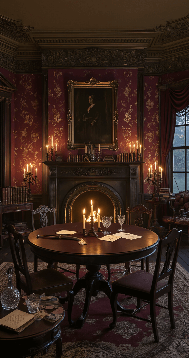 Spooktacular Adult Halloween Party Games: Get Ready to Shriek with Laughter! A dimly lit Victorian parlor features ornate moldings and a grand fireplace, with flickering candlelight casting eerie shadows. A large round table surrounded by high-backed chairs is at the center, while scattered clues like a prop dagger and mysterious letters lie on side tables. The rich burgundy wallpaper with gold accents and deep mahogany furniture enhance the room's ambiance, complemented by crystal decanters and vintage books. The camera, positioned in the corner, captures the suspenseful atmosphere perfect for a murder mystery party.