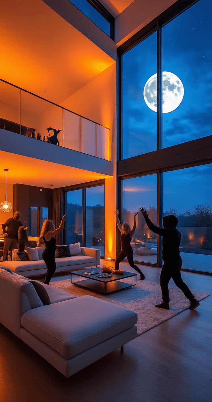 Spooktacular Adult Halloween Party Games: Get Ready to Shriek with Laughter! A modern open-concept living area with floor-to-ceiling windows revealing a moonlit night, featuring sleek furniture arranged at the edges. The minimalist decor includes pops of orange and black for Halloween, with a large white wall displaying silhouettes and eerie shapes created by dramatic uplighting. Cool blue ambient lighting contrasts with warm accent lights, enhancing the spooky yet playful atmosphere for a game of charades.