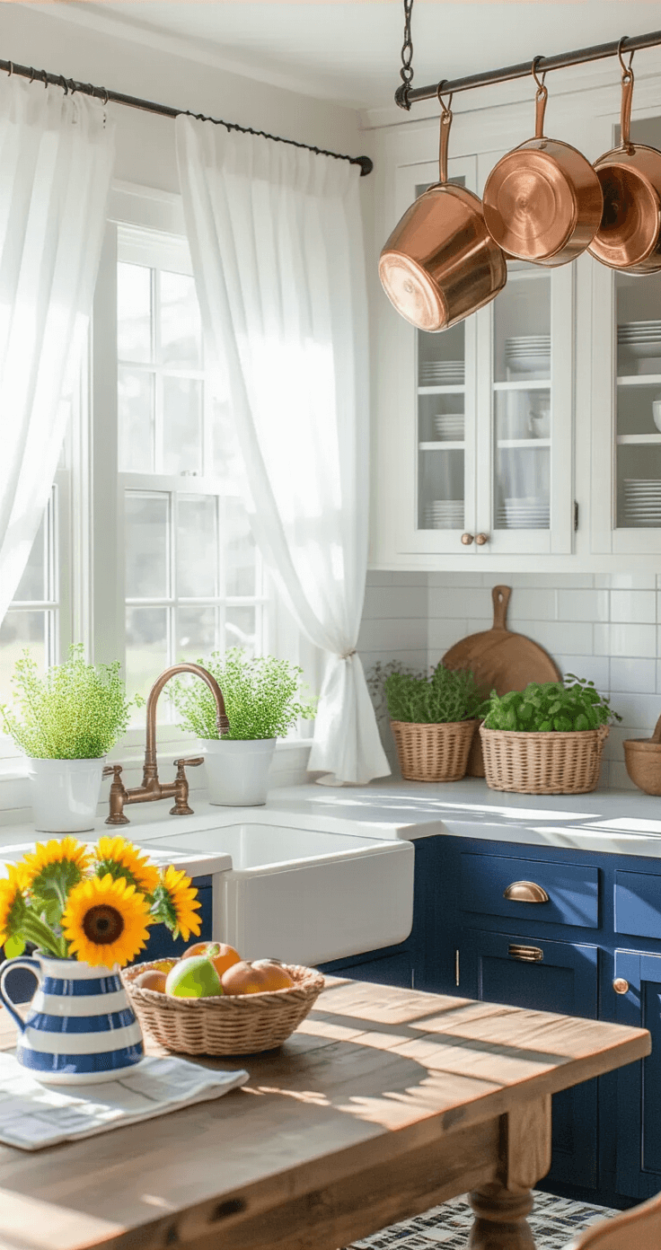 A bright, airy kitchen featuring white cabinets, a navy blue island with a marble top, and a farmhouse sink. Sunlight streams through sheer curtains, illuminating copper pots, potted herbs, and a rustic table with sunflowers in a striped pitcher, creating a fresh, country-chic ambiance.