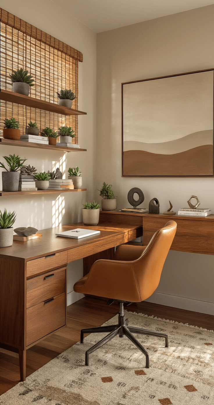 A cozy home office nook featuring a walnut mid-century modern desk, a cognac leather ergonomic chair, and floating shelves with succulents and art books, all illuminated by warm afternoon light filtering through bamboo blinds.