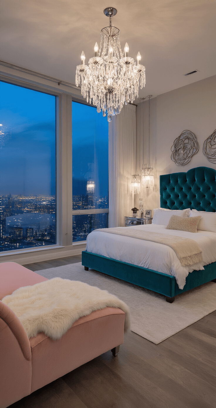 A luxurious master bedroom at twilight with floor-to-ceiling windows showcasing city lights, featuring a king-size bed with a tufted teal headboard, crisp white linens, and a faux fur throw, illuminated by crystal chandeliers, with mirrored nightstands and a silver-leafed dresser, a blush pink chaise lounge in a reading nook, sheer drapery, and modern abstract metal wall art, captured from a low angle for dramatic effect.