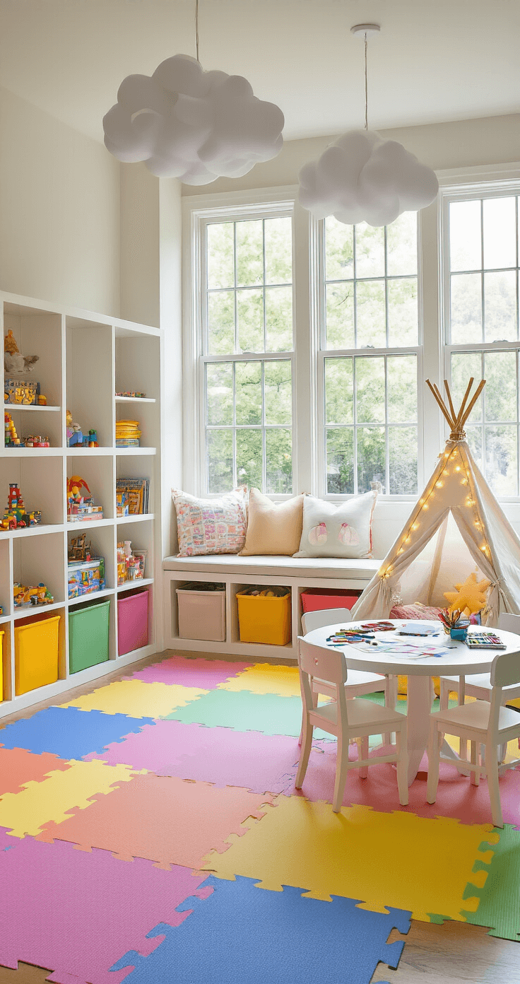 A vibrant children's playroom filled with natural light, featuring colorful foam floor tiles, built-in white shelving with toys and books, a cozy teepee with fairy lights, a round art table with scattered crayons and paper, and whimsical cloud-shaped pendant lights, all captured from a child's eye level.