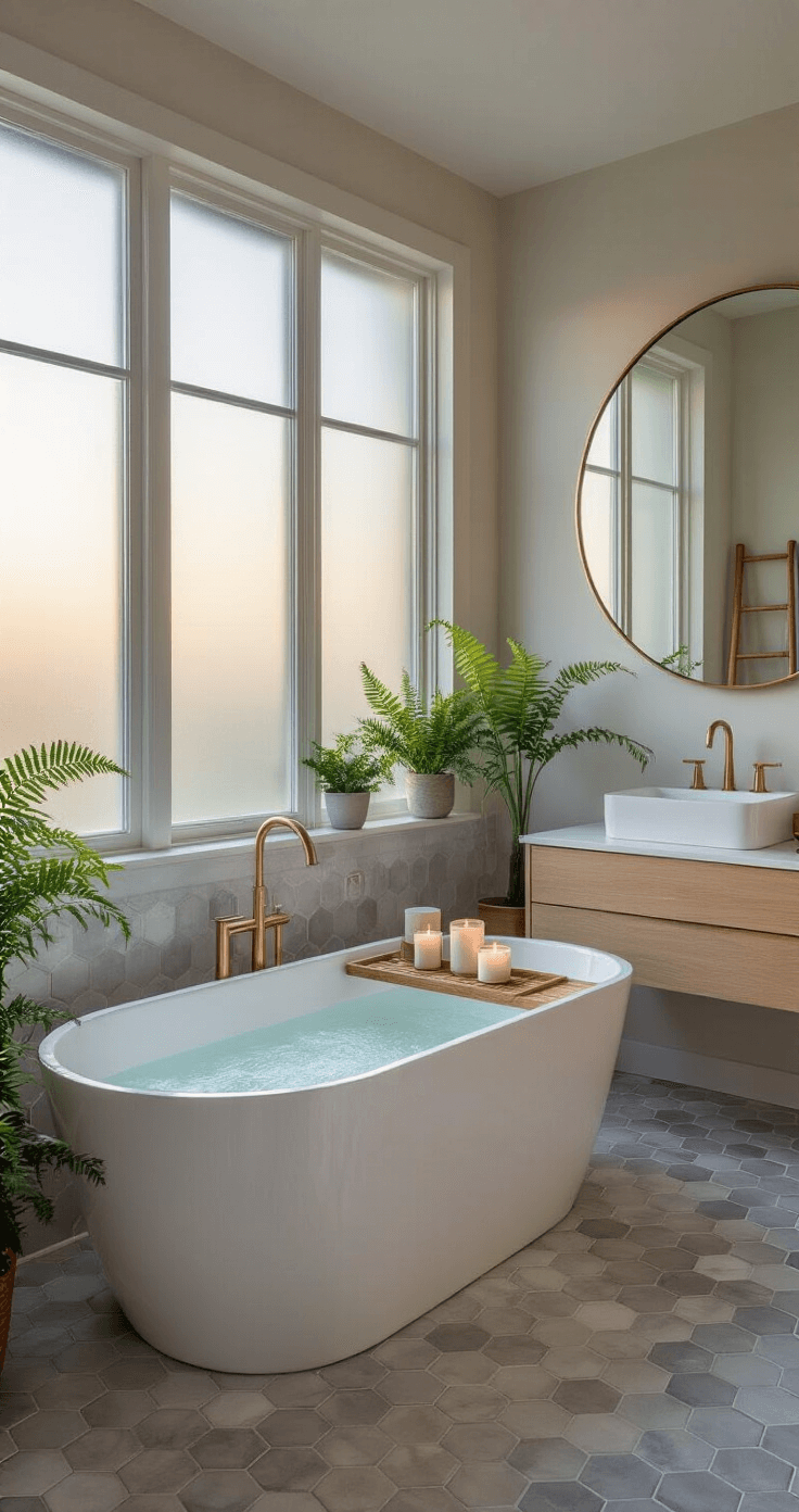 A serene bathroom with a freestanding white tub, wooden tray with candles, hexagonal marble tile floor, light oak floating double vanity, and potted ferns, softly lit at dawn.