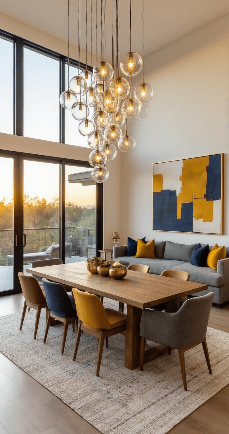 Open-concept dining and living area at sunset, featuring golden light from floor-to-ceiling windows, a long wooden dining table with mixed-material chairs, a cascading glass orb chandelier, a charcoal linen sectional sofa with mustard yellow and navy pillows, a large abstract canvas, geometric brass side tables, and a neutral-toned plush area rug.