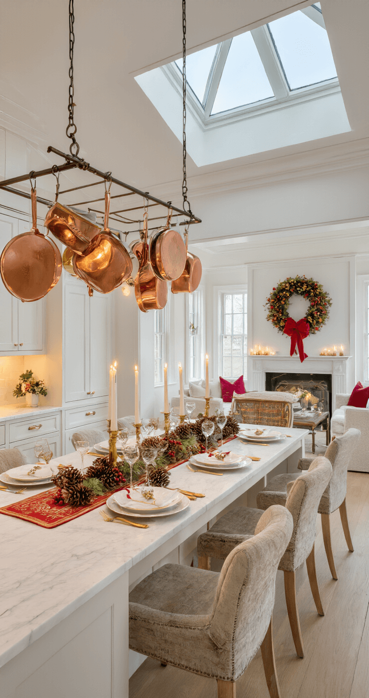 20 Festive Christmas Party Games That'll Sleigh Your Holiday Gatherings Spacious open-plan kitchen and dining area with high ceilings, a skylight, and warm ambient lighting. A white marble kitchen island with a centerpiece of pine cones and cranberries, and copper pots hanging above. A dining table set for eight with a white tablecloth, red and gold runner, gold-rimmed plates, and crystal wine glasses. A large wreath with a red bow adorns the wall, creating a festive atmosphere with a color scheme of white, gold, and deep red.