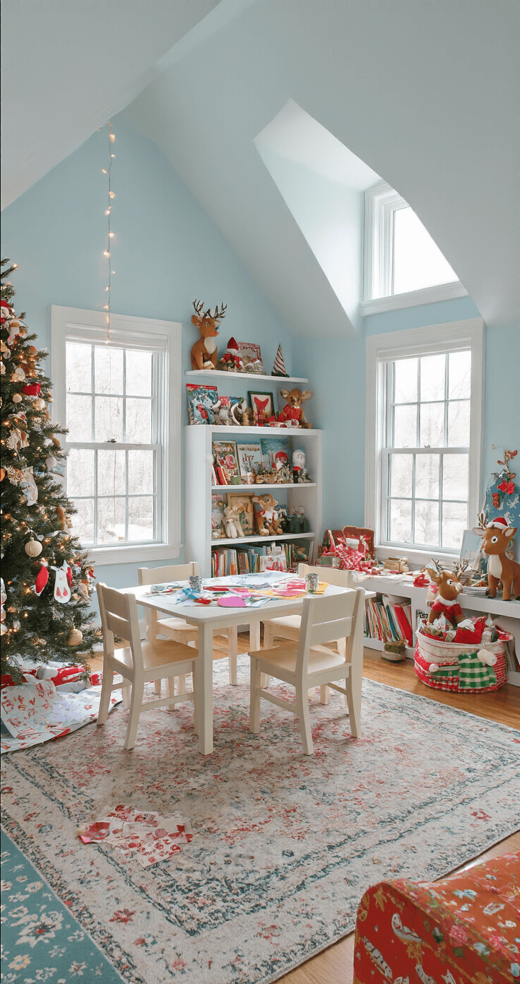 20 Festive Christmas Party Games That'll Sleigh Your Holiday Gatherings A charming children's playroom filled with mid-morning light, featuring a crafting table with colorful materials, a toy chest overflowing with stuffed reindeer and elves, string lights on a bookshelf of holiday stories, a mini Christmas tree with handmade ornaments, and festive rugs on hardwood flooring, all under slanted ceilings and dormer windows.