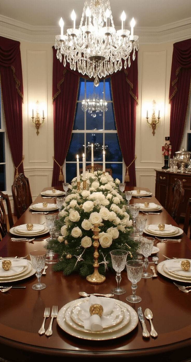 20 Festive Christmas Party Games That'll Sleigh Your Holiday Gatherings An elegant formal dining room featuring wainscoting and a crystal chandelier, set for a holiday feast with fine china, silver cutlery, and a stunning centerpiece of white roses and gold candle holders, framed by deep burgundy silk draperies and warm candlelight.