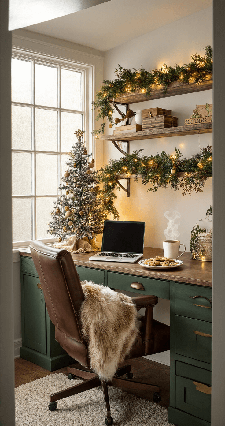 20 Festive Christmas Party Games That'll Sleigh Your Holiday Gatherings Cozy holiday-themed home office nook with a desk featuring a small tabletop tree, a mug of cider, and gingerbread cookies, adorned with pine garland and fairy lights, all bathed in warm afternoon light.