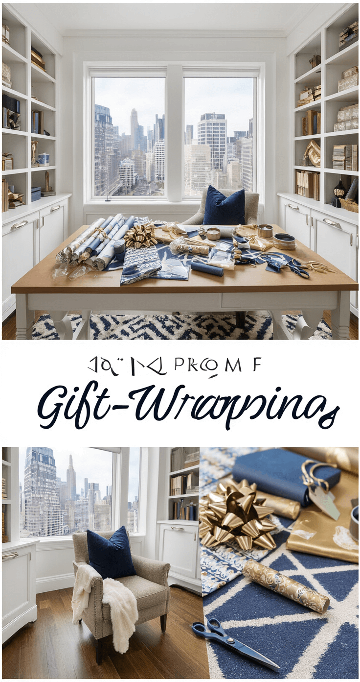 Adult Christmas Party Games: Jingle All the Way to Fun A sophisticated home office transformed into a gift-wrapping station, showcasing an assortment of wrapping materials in gold, silver, and deep blue, with a blurred city skyline in the background.