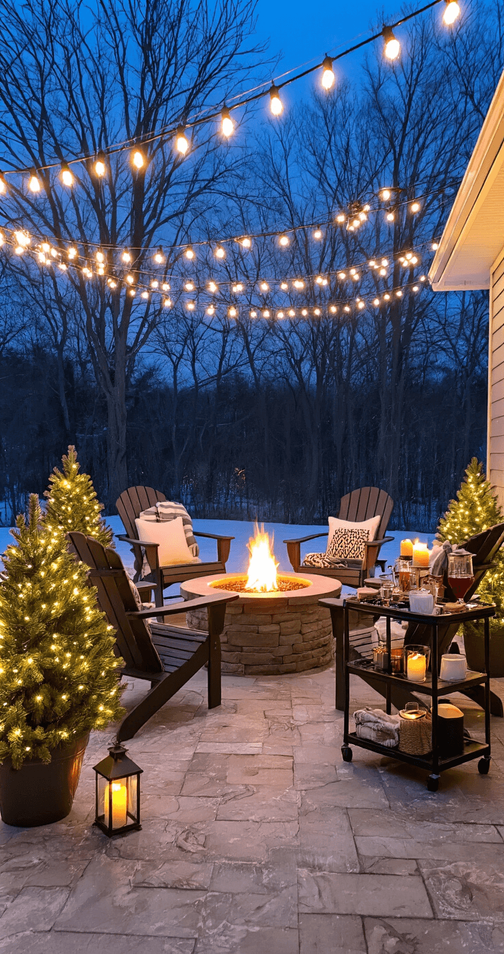 Adult Christmas Party Games: Jingle All the Way to Fun A cozy outdoor patio decorated for winter with string lights, a fire pit surrounded by Adirondack chairs with blankets, potted evergreens, a bar cart with hot cocoa and mulled wine, and lanterns lining a stone pathway, all under a clear night sky with a light dusting of snow.