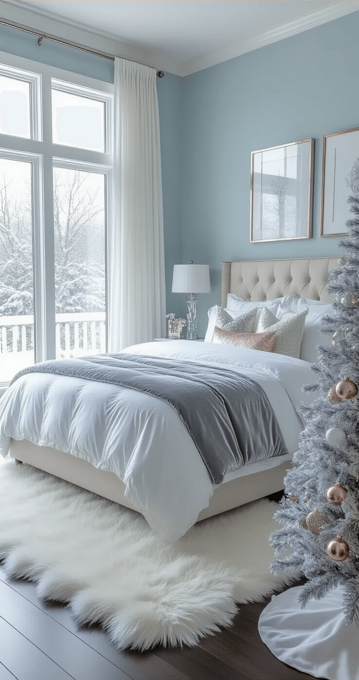 Adult Christmas Party Games: Jingle All the Way to Fun Elegant master bedroom with pale blue walls, a king-size bed in white linens and silvery-gray comforter, sheer floor-to-ceiling curtains revealing a snowy landscape, dark hardwood floors covered by a white faux fur rug, metallic accents in silver and rose gold, and a small white-flocked tree with crystal ornaments in the corner, softly lit for a dreamy atmosphere.