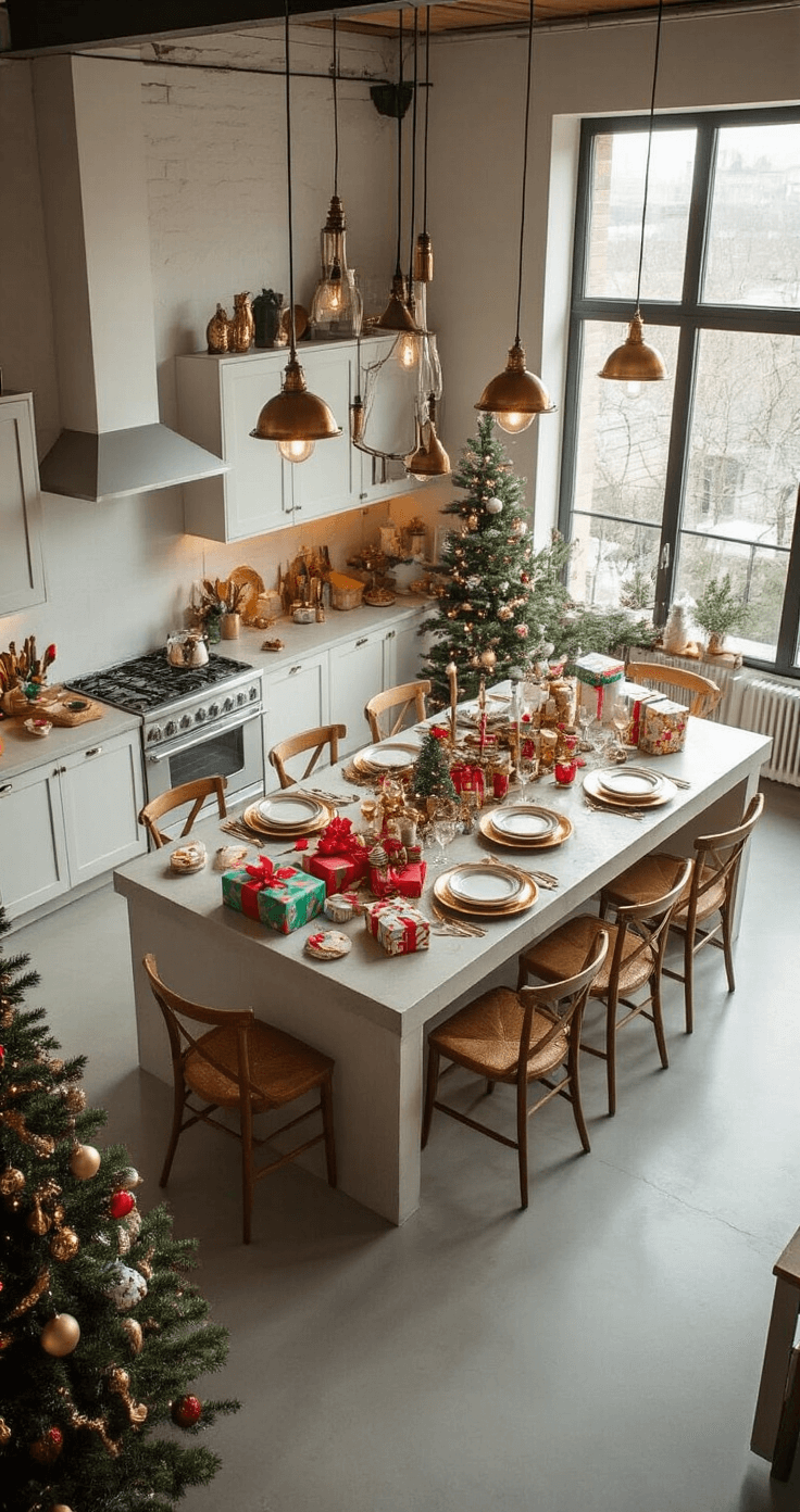 The Best Christmas Games for Large Groups A high-angle view of an expansive open-plan kitchen and dining area featuring polished concrete floors, industrial-style pendant lights, and a festive setting with a gift-wrapping station, a dining table elegantly set for a meal, and a small decorated Christmas tree, showcasing a color palette of whites, golds, and greens.