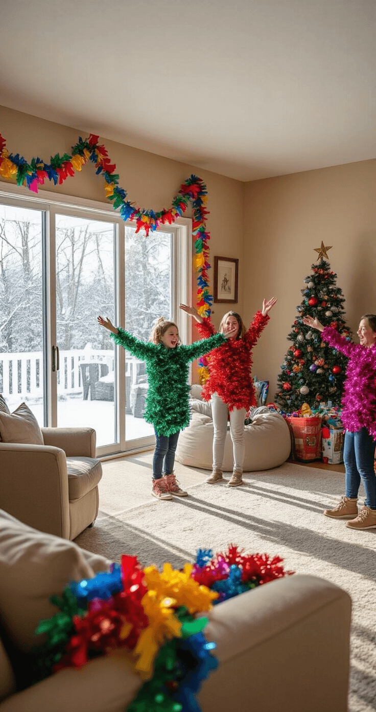 The Best Christmas Games for Large Groups A lively family room filled with people wrapped in tinsel and ornaments for a decorating challenge, large sliding glass doors revealing a snowy patio outside, warm beige walls contrasting with colorful decorations, mid-morning light illuminating the scene.