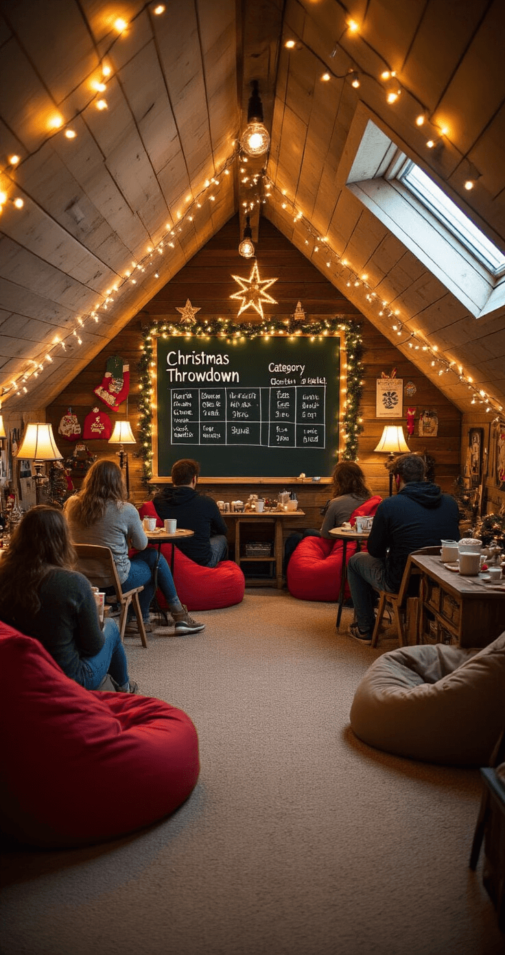 The Best Christmas Games for Large Groups A cozy converted attic game room for a 'Christmas Trivia Throwdown', featuring slanted ceilings, dormer windows, and illuminated by fairy lights. Teams gather around small tables, with a chalkboard displaying scores, while bean bag chairs and floor cushions provide extra seating. A hot chocolate station is set up with steaming mugs, and the walls are adorned with quirky Christmas-themed posters. The image captures the intimate atmosphere from a low angle, highlighting players' focused expressions.
