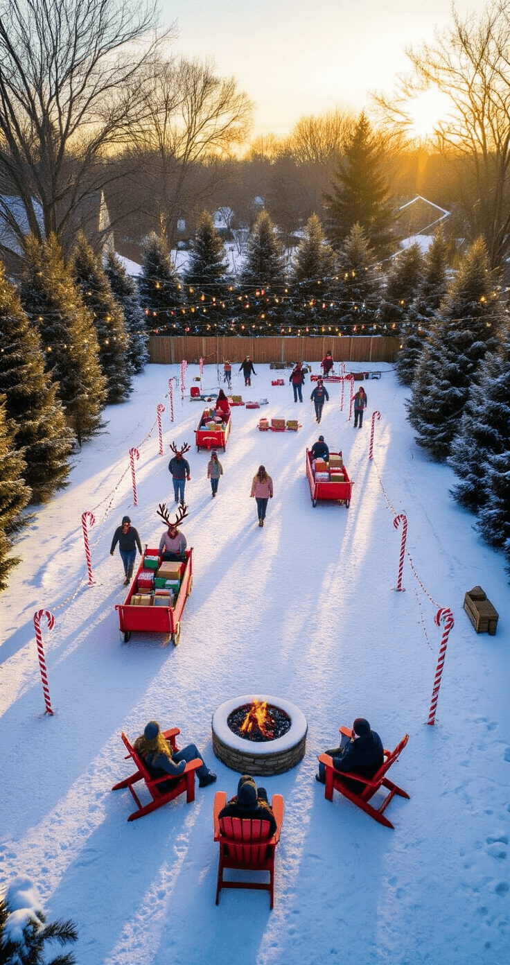 The Best Christmas Games for Large Groups A spacious snow-covered backyard during golden hour, featuring a festive 'Reindeer Games Relay' with obstacle courses marked by candy cane poles. Teams wearing antlers pull colorful sleighs filled with wrapped gifts, surrounded by evergreen trees adorned with oversized Christmas lights. A fire pit with Adirondack chairs is visible, providing a cozy gathering spot. The image is captured from an elevated perspective, showcasing the entire relay course and players in action.