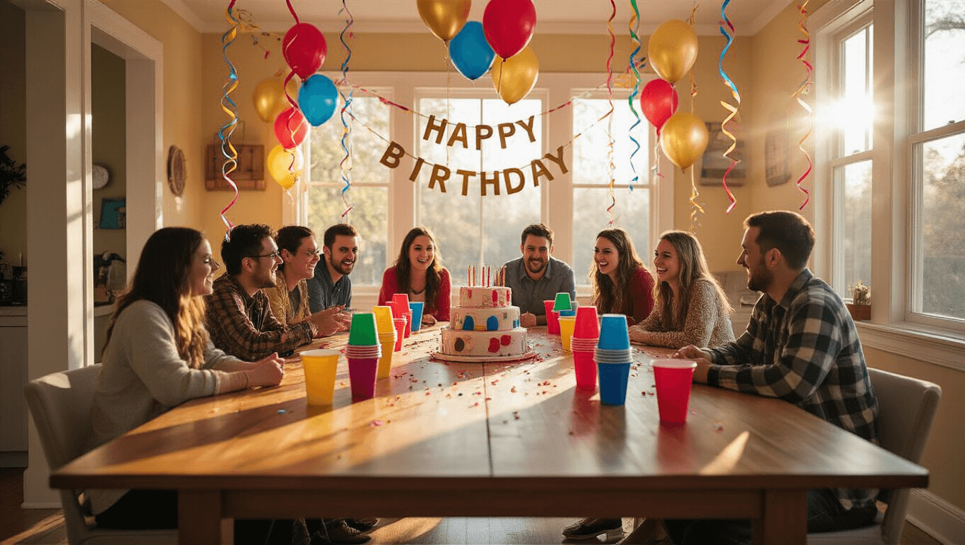 A lively birthday party scene in a sunlit living room, featuring a wooden table with colorful cups and a "Happy Birthday" banner, surrounded by cheerful guests in festive attire, vibrant balloons, and streamers, all captured in a wide-angle view with warm lighting.