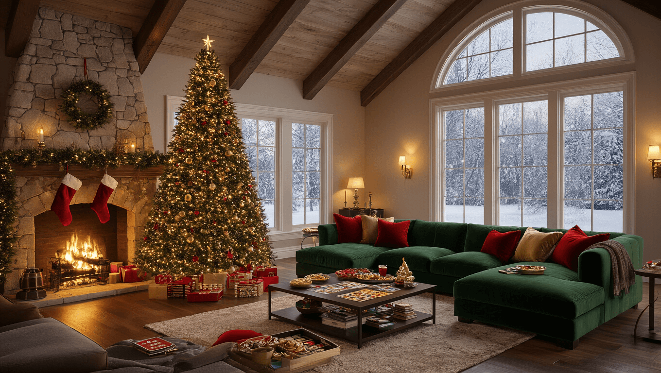 A luxurious, warmly lit living room decorated for Christmas, featuring a large Christmas tree, plush velvet sofa, stone fireplace, and people enjoying a game night amid festive decor and falling snow outside.