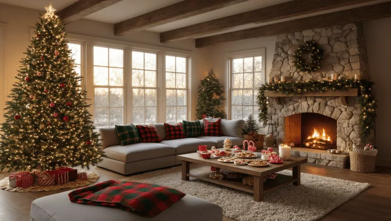 20 Festive Christmas Party Games That'll Sleigh Your Holiday Gatherings A warmly lit living room during golden hour, featuring a decorated Christmas tree, a stone fireplace with garlands, a plush sectional with festive pillows, a wooden coffee table laden with party games and treats, and a cozy atmosphere enhanced by soft bokeh from twinkling lights.