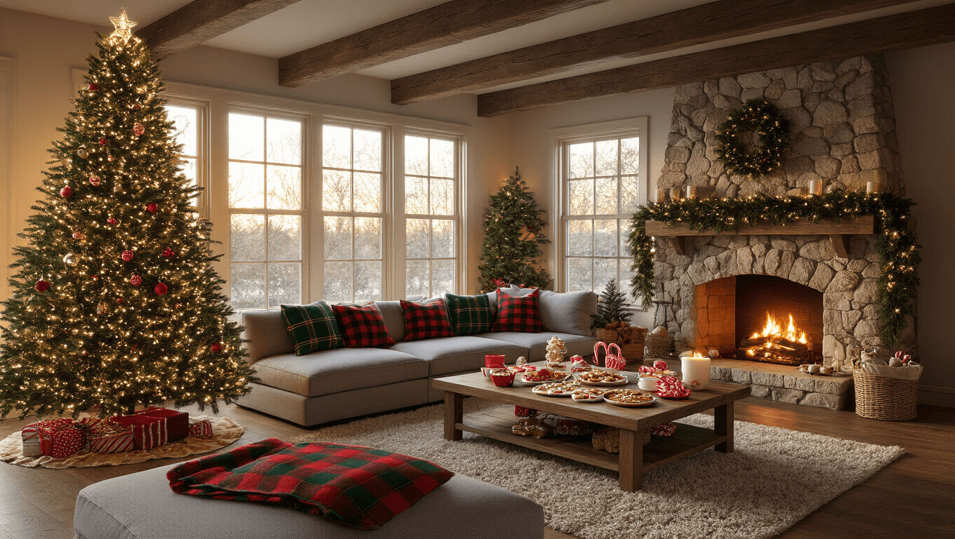 A warmly lit living room during golden hour, featuring a decorated Christmas tree, a stone fireplace with garlands, a plush sectional with festive pillows, a wooden coffee table laden with party games and treats, and a cozy atmosphere enhanced by soft bokeh from twinkling lights.