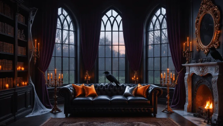 Spooky Soirées: Ultimate Guide to Halloween Party Games A photorealistic gothic Victorian living room at twilight, featuring a black leather Chesterfield sofa, antique brass candelabras, and a marble fireplace with orange flames, illuminated by deep purple velvet curtains and volumetric lighting, creating a dramatic ambiance.