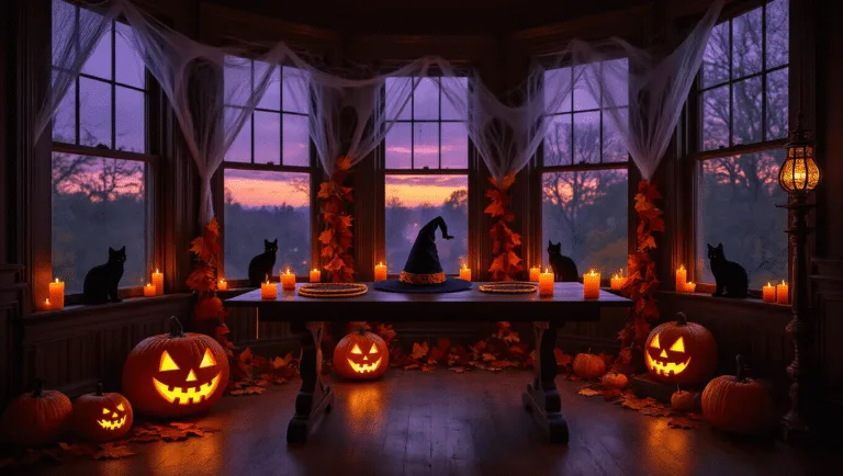 A dimly lit Victorian living room adorned for a Halloween party, featuring warm ambient lighting, cobweb-draped bay windows, a wooden table set for a witch hat ring toss game, glowing jack-o'-lanterns, black cat silhouettes, autumn leaf garlands, vintage brass candelabras, a deep jewel-toned Persian rug, dramatic shadows, floating "ghost" fabric, spooky portraits in antique frames, and a crystal ball on a carved stand.