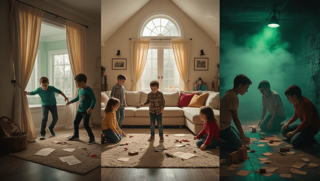 A vibrant collage of children's birthday party games featuring a sunlit living room treasure hunt, a dimly lit basement with zombie-costumed kids, and a conservatory balancing balloon challenges, all set against warm LED lights and metallic decorations.