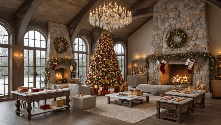 Adult Christmas Party Games: Jingle All the Way to Fun Photorealistic living room decorated for an upscale adult Christmas party, featuring a grand cathedral ceiling, stone fireplace, a 12-foot tree, elegant game stations, intimate seating areas, and warm ambient lighting, all captured in golden hour light.