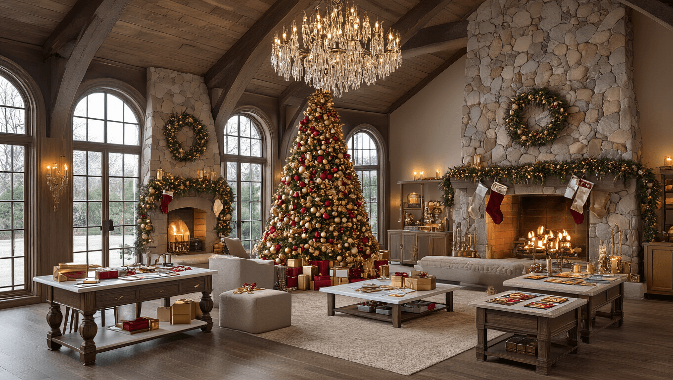 Photorealistic living room decorated for an upscale adult Christmas party, featuring a grand cathedral ceiling, stone fireplace, a 12-foot tree, elegant game stations, intimate seating areas, and warm ambient lighting, all captured in golden hour light.