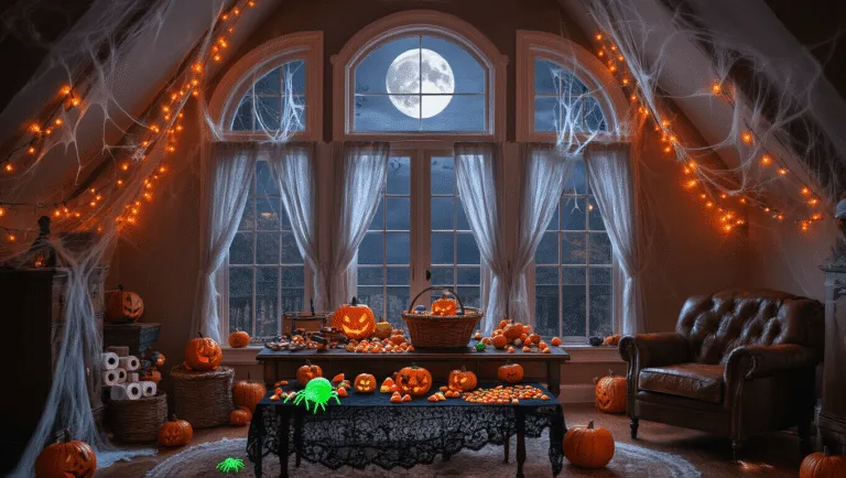 A cozy dimly lit living room decorated for a children's Halloween party, featuring orange string lights, cobwebs, a vintage table laden with scavenger hunt items, jack-o'-lanterns casting shadows, and a spooky ambiance from a full moon visible through a window.