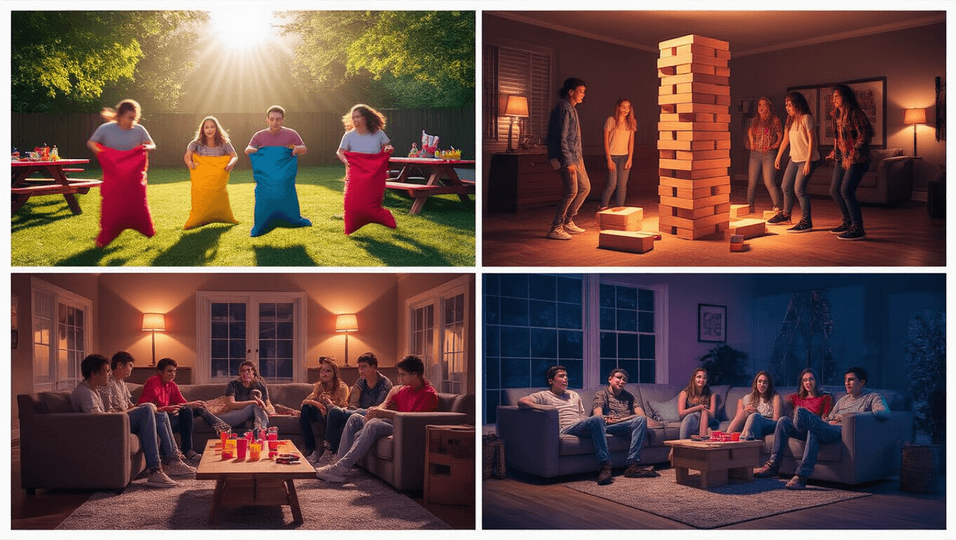 A vibrant collage of teen birthday party scenes showcasing playful activities, heartfelt interactions, and dynamic lighting across six distinct vignettes, capturing the joy and energy of celebrations.