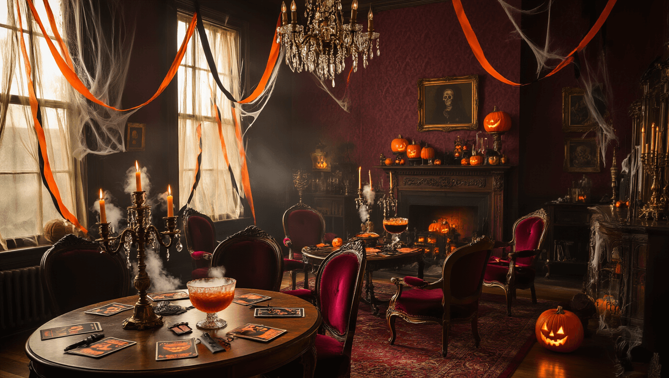 A dimly lit Victorian living room adorned for Halloween, featuring antique velvet chairs around a table for "Deadly Wink," illuminated by candelabras and jack-o'-lanterns. Crystal punch bowls filled with smoking cocktails and cascading orange and black streamers enhance the spooky atmosphere, with game stations visible and dramatic shadows on dark wallpaper.