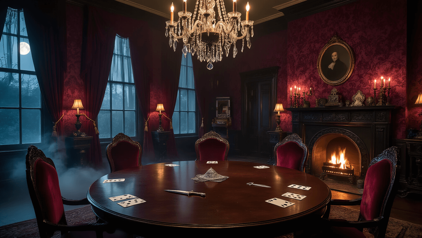 A dimly lit Victorian parlor with an ornate chandelier, a massive mahogany table surrounded by velvet chairs, and mysterious props like a silver dagger and weathered letters, all enveloped in ambient fog and illuminated by flickering candlelight.