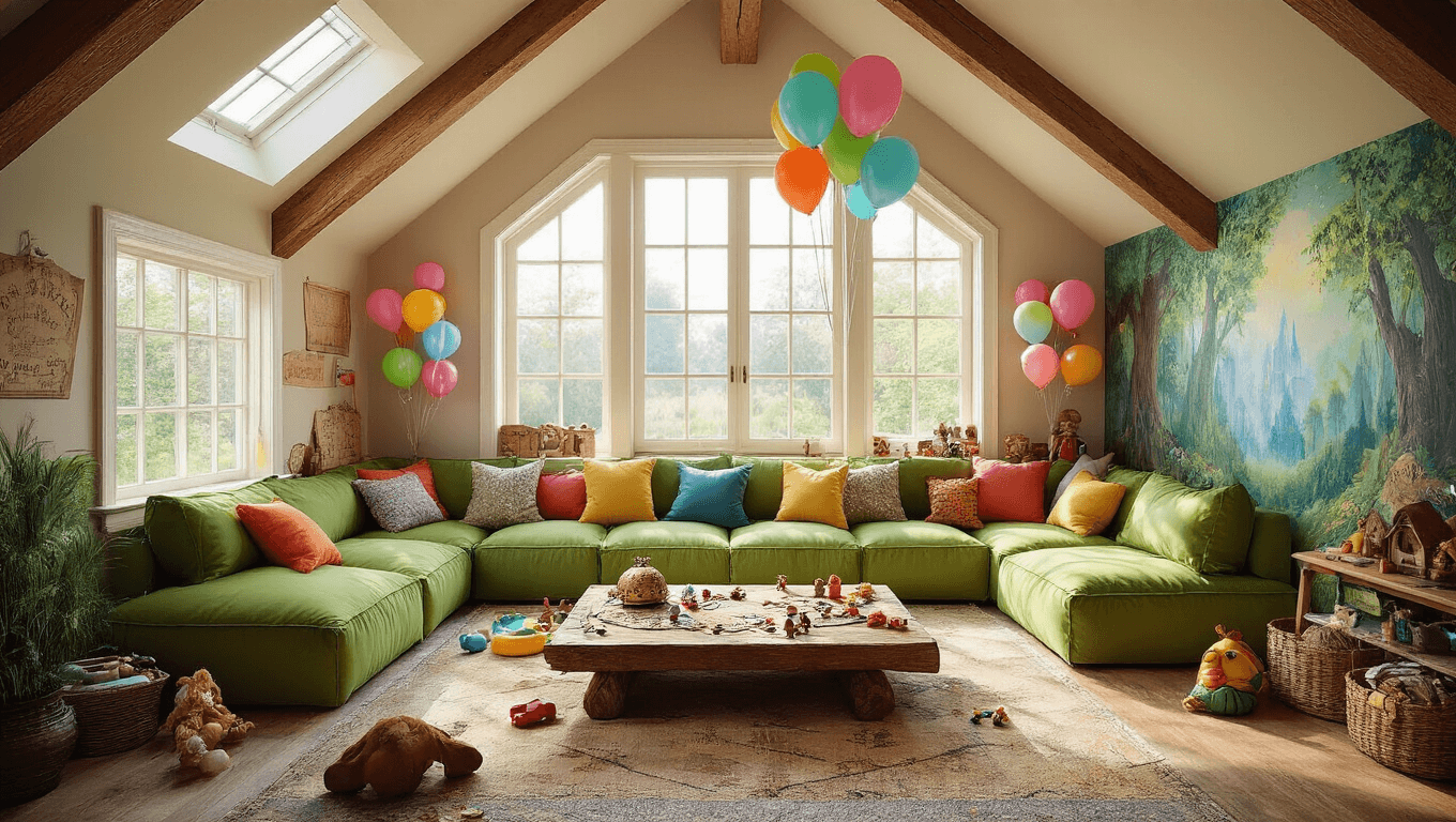 A vibrant playroom decorated for a children's birthday party, featuring a cozy green sectional sofa, a treasure map on a rustic wooden coffee table, whimsical decorations, a hand-painted mural, floating pastel balloons, and various activity stations, all bathed in warm golden hour light.