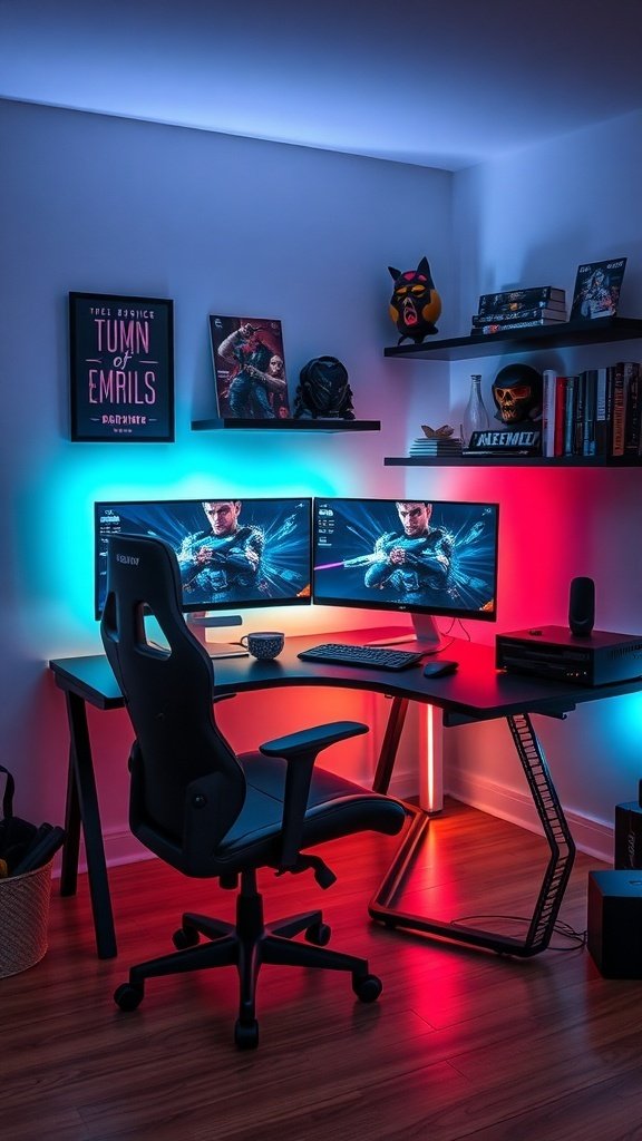 A stylish small gaming room setup with dual monitors, LED lights, and gaming decor.