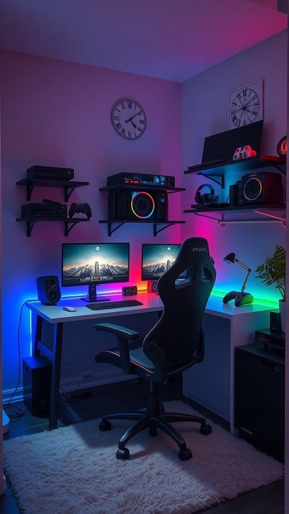 A small gaming room setup with colorful LED lights, two monitors, and a comfortable gaming chair.