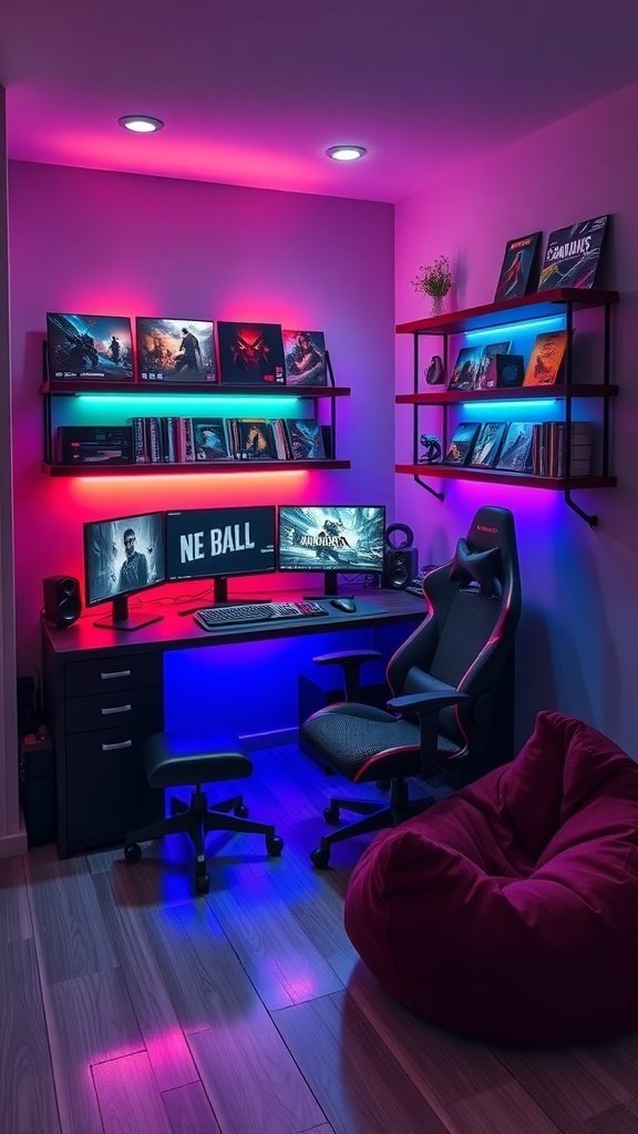 A small gaming room with colorful LED lights, a desk with a monitor, and shelves displaying games.