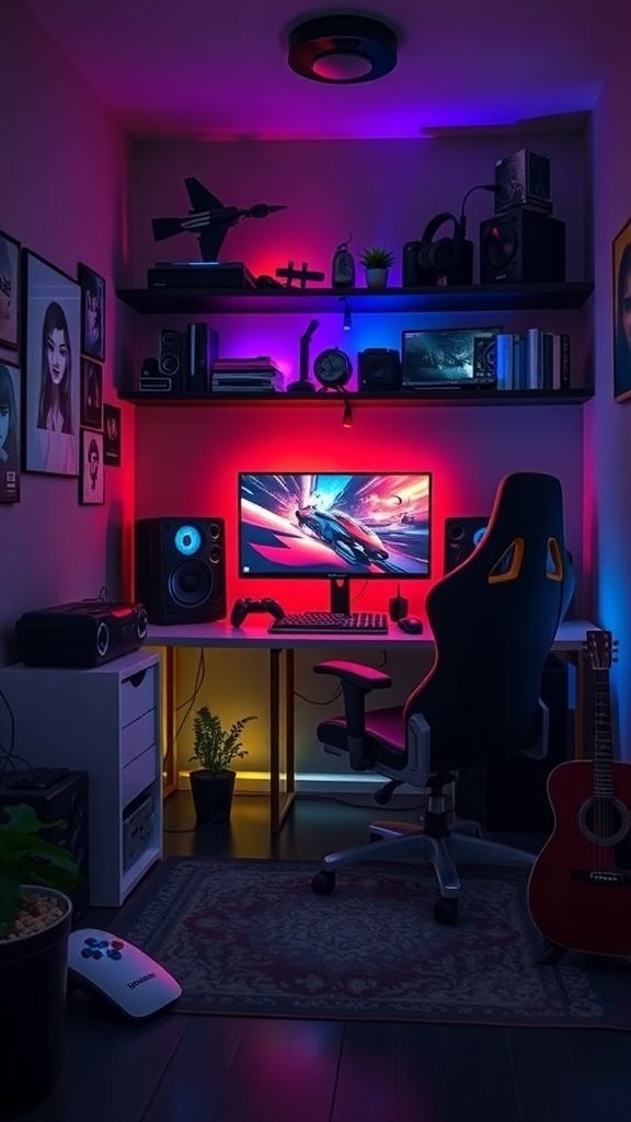 A small gaming room setup with colorful LED lights, a large monitor, speakers, and an ergonomic chair. Small Gaming Room Ideas