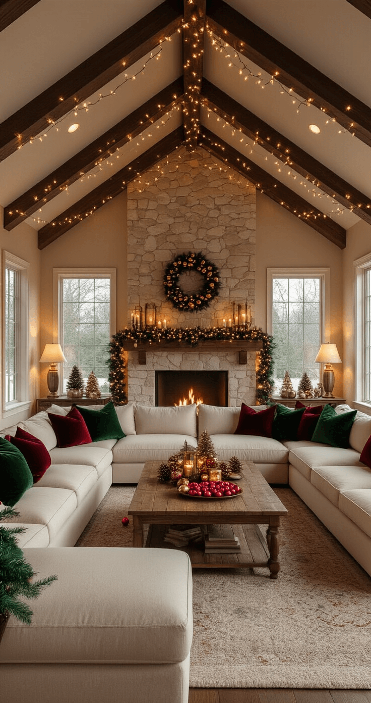 A cozy living room decorated for a Christmas party, featuring a U-shaped sectional sofa, a rustic coffee table, a stone fireplace with garland, and warm lighting from lamps and fairy lights during golden hour.