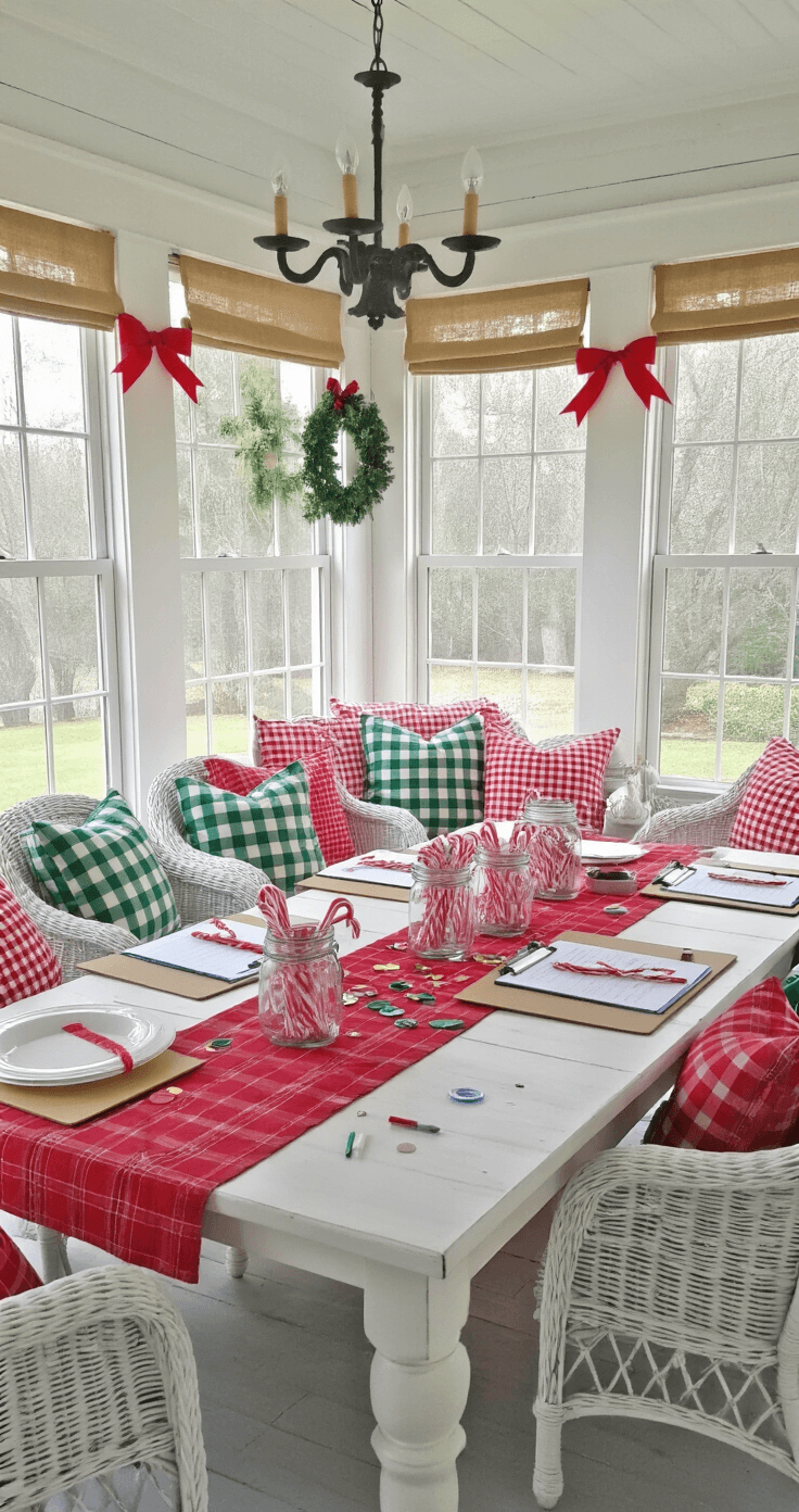 A sunroom decorated for Christmas crafts, featuring a farmhouse table with game supplies, white wicker furniture, and vibrant poinsettias, all bathed in natural morning light.